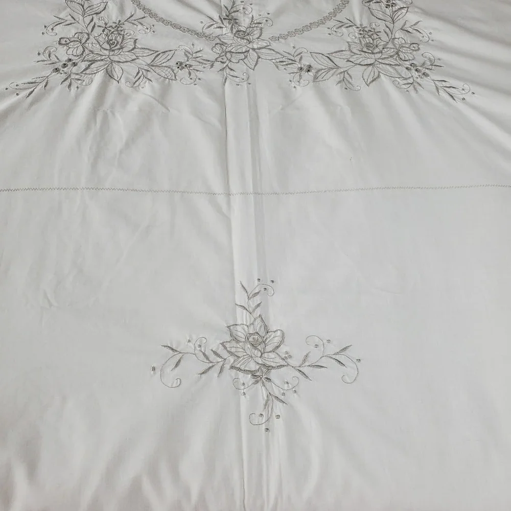 Embroided White Scalloped Edge Cotton Tablecloth Vtg‎ Masjien Embroid 80x84 Vtg